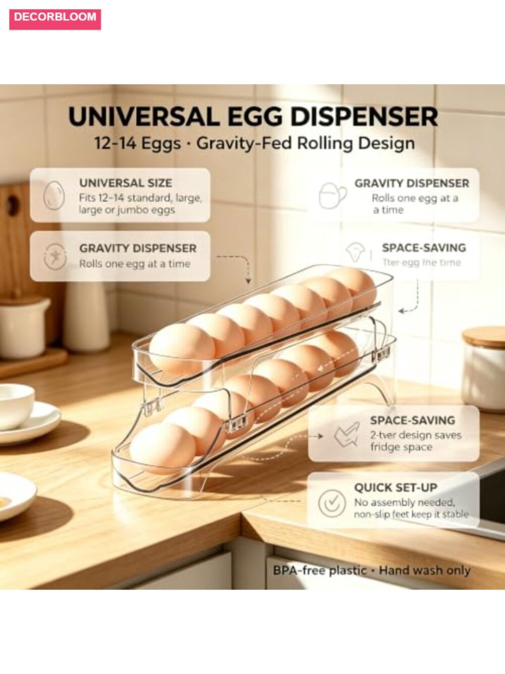 Clear 2-Tier Auto Rolling Egg Dispenser Holder for Fridge, Space Saving, - Picture 3 of 6